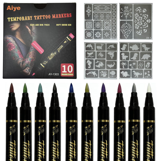 10 Colors Metallic Body Paint Markers , Temporary Tattoo Markers with 4 Stencil Sheets, Waterproof Quick Dry Washable Skin Safe Face Paint Pens, for Halloween, Easter, Christmas & Festivals