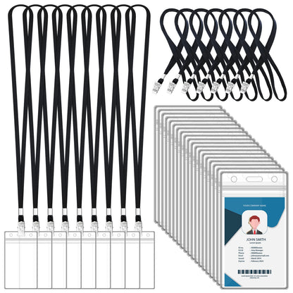 100 Sets Lanyards for Id Badges and Clear Plastic Vertical Name Badge ID Card Holders, Flat Neck Lanyards with Clip Waterproof Resealable Name Tag Badge ID Card Holders, Black
