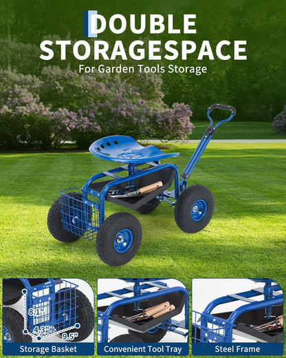 Heavy Duty Garden Cart, Garden Scooter Rolling Work Seat, 360° Swivel with 10-Inch All-Terrain Inflatable Tires, Extendable Steering Handle & Metal Tool Tray for Planting, Weeding, Yard Work
