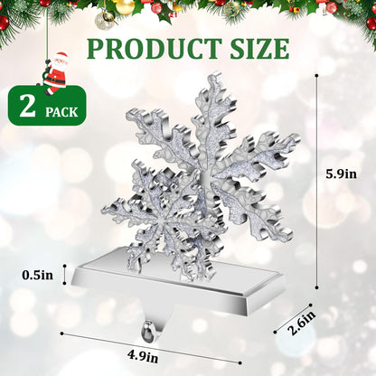 Loncaster Stocking Holders for Mantle Set of 2, Snowflakes Christmas 3D Stocking Hangers for Mantel with Shiny Metal & Glitter, Christmas Stocking Holder for Fireplace, Shelf, Tabletop (Sliver)