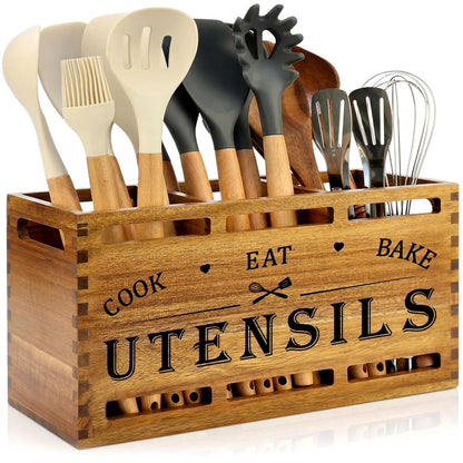 Acacia Wood Extra Large Utensil Holder for Kitchen Counter Rustic Spatula Holder For Counter Top Organizer Kitchen Cooking Utensil Storage Countertop Silverware Caddy Wooden Spoon Kitchen Tools Holder