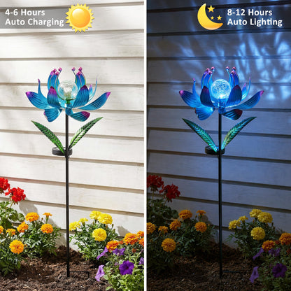Solar Wind Spinner Outdoor Metal - Kinetic Lotus Flower Garden Sculptures & Spinners with Crackle Glass Lighting, 360° Spinning Yard Art Decor for Patio, Lawn, Pathway, Gifts for Women