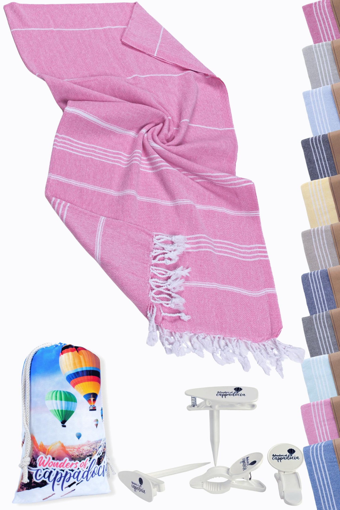 Turkish Cotton Beach Towel with Design Bag and Sand Clips - (70 x 35 inch) Oversized Travel Blanket for Women, Quick Dry Sand Proof Lightweight Compact, Ideal for Beach and Outdoor Use