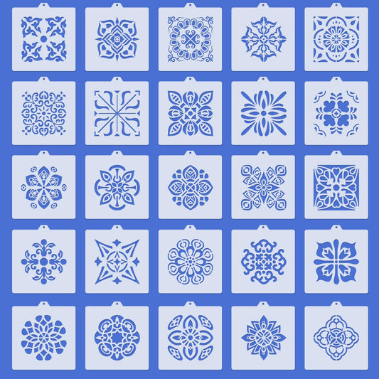 25 Pcs Scroll Tile Cookie Stencils, Reusable Floral Tile Baking Stencils for Royal Icing Airbrush, Cake Biscuit Coffee Decorating Templates for DIY Crafts & Birthday Parties