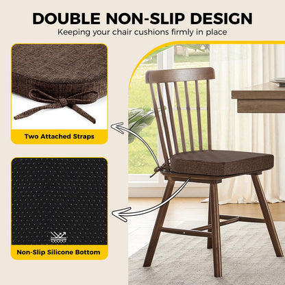 downluxe Indoor Chair Cushions for Dining Chairs, Soft and Comfortable Textured Foam Kitchen Chair Pads with Ties and Non-Slip Backing, 16" x 16" x 2", Brown, 6 Pack