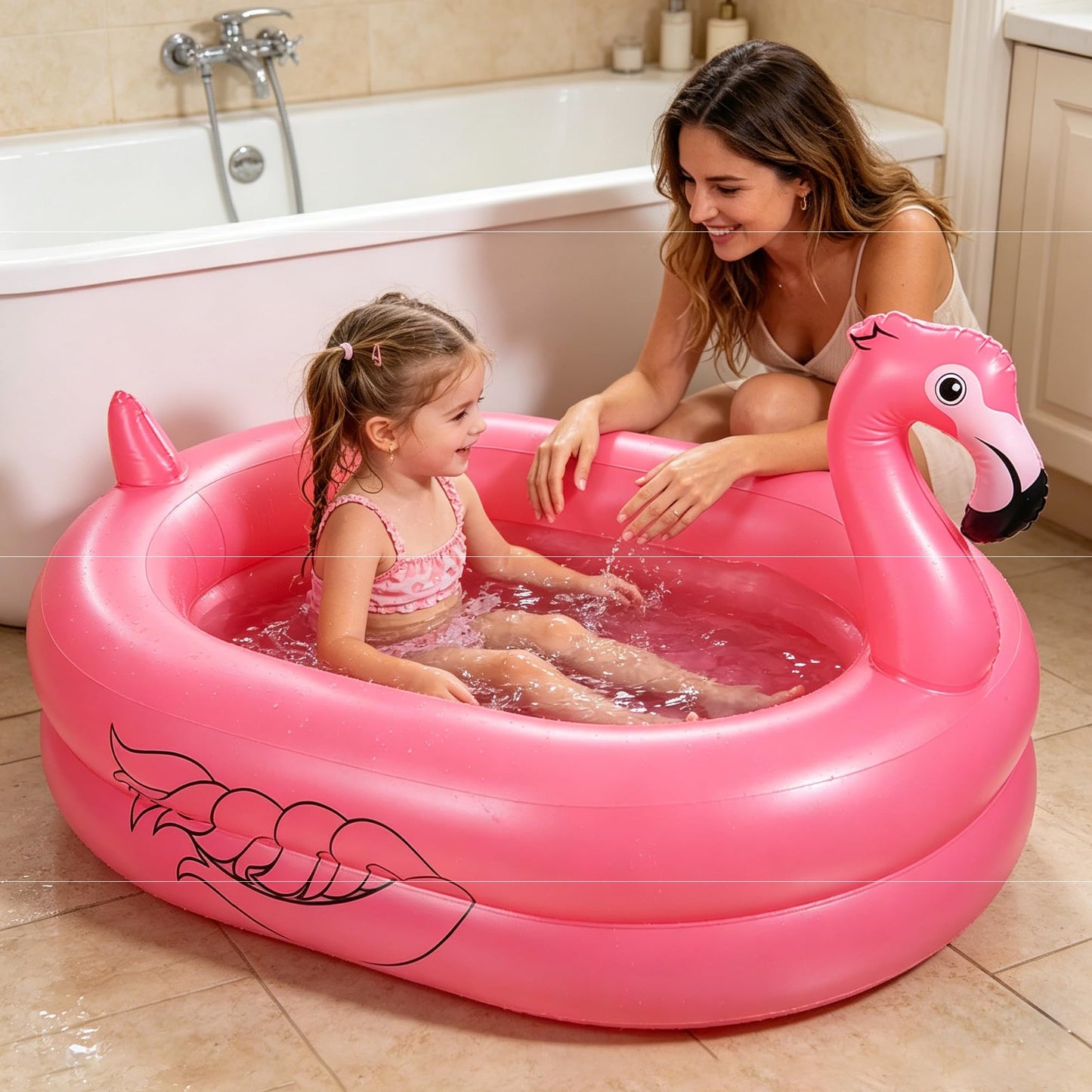 Kiddie Pool, Inflatable Pool, Flamingo Swimming Pool with Inflatable Soft Floor for Outdoor, Indoor, Backyard (60 in)