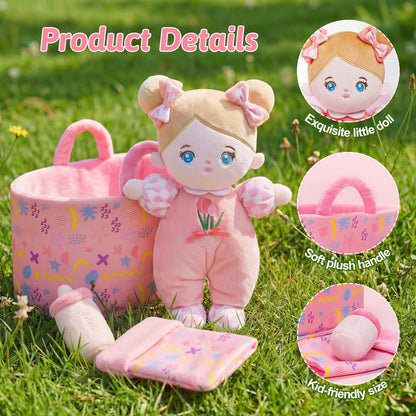 OUOZZZ Baby Doll Accessories with Soft Doll, Bassinet, Blanket and Bottle, Interactive Pretend Playset for Social Emotional Learning, Toy for 2 Year Old Girls