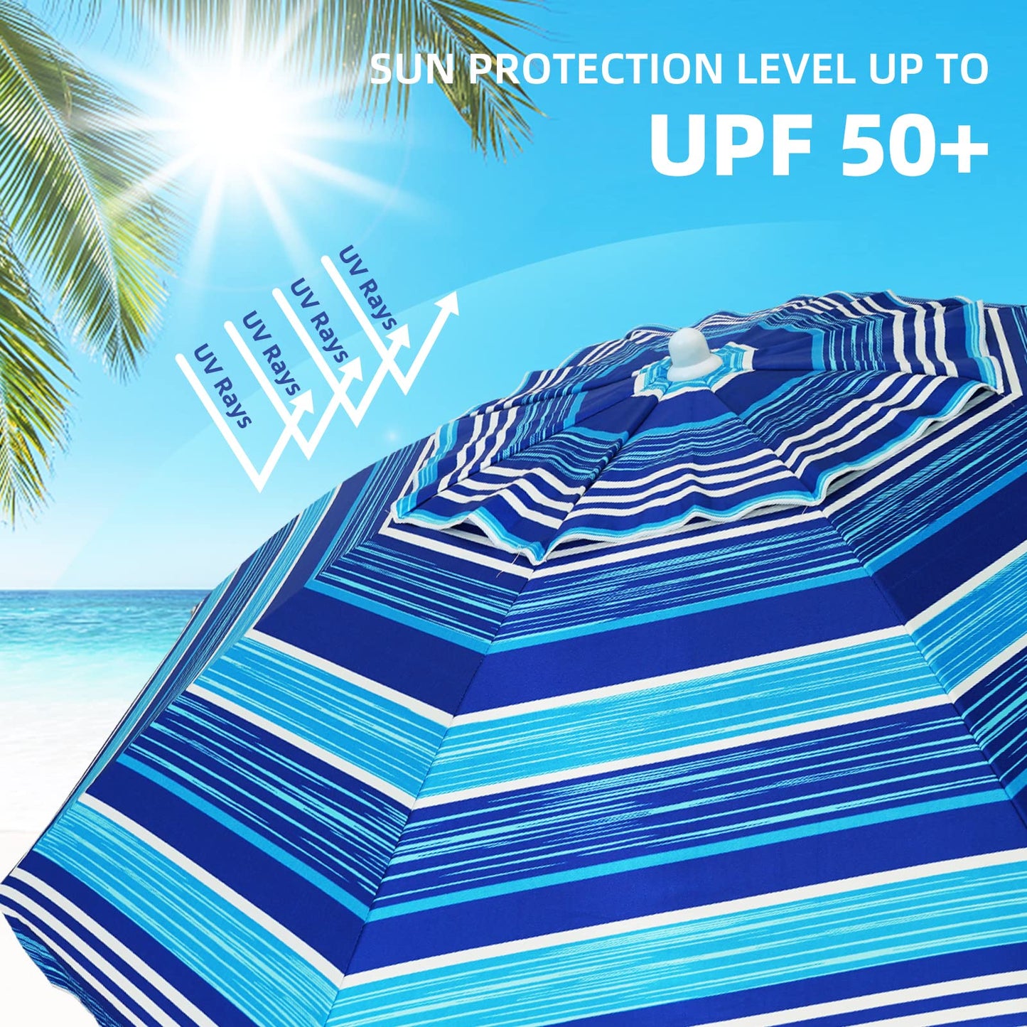 AMMSUN 6.5 ft Heavy Duty Beach Umbrella for Sand with tilt Air Vent Sun Shelter, UV 50+ Protection Outdoor Sunshade Umbrellas and Parasols with Carry Bag for Patio Garden Beach Pool stripe Blue