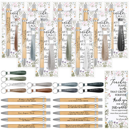 Geyoga 30 Sets Teacher Appreciation Gifts Bulk Inspirational Bamboo Pens Motivational Silicone Keychains with Thank You Cards for Employee Staff Team Teacher Appreciation Week Gifts