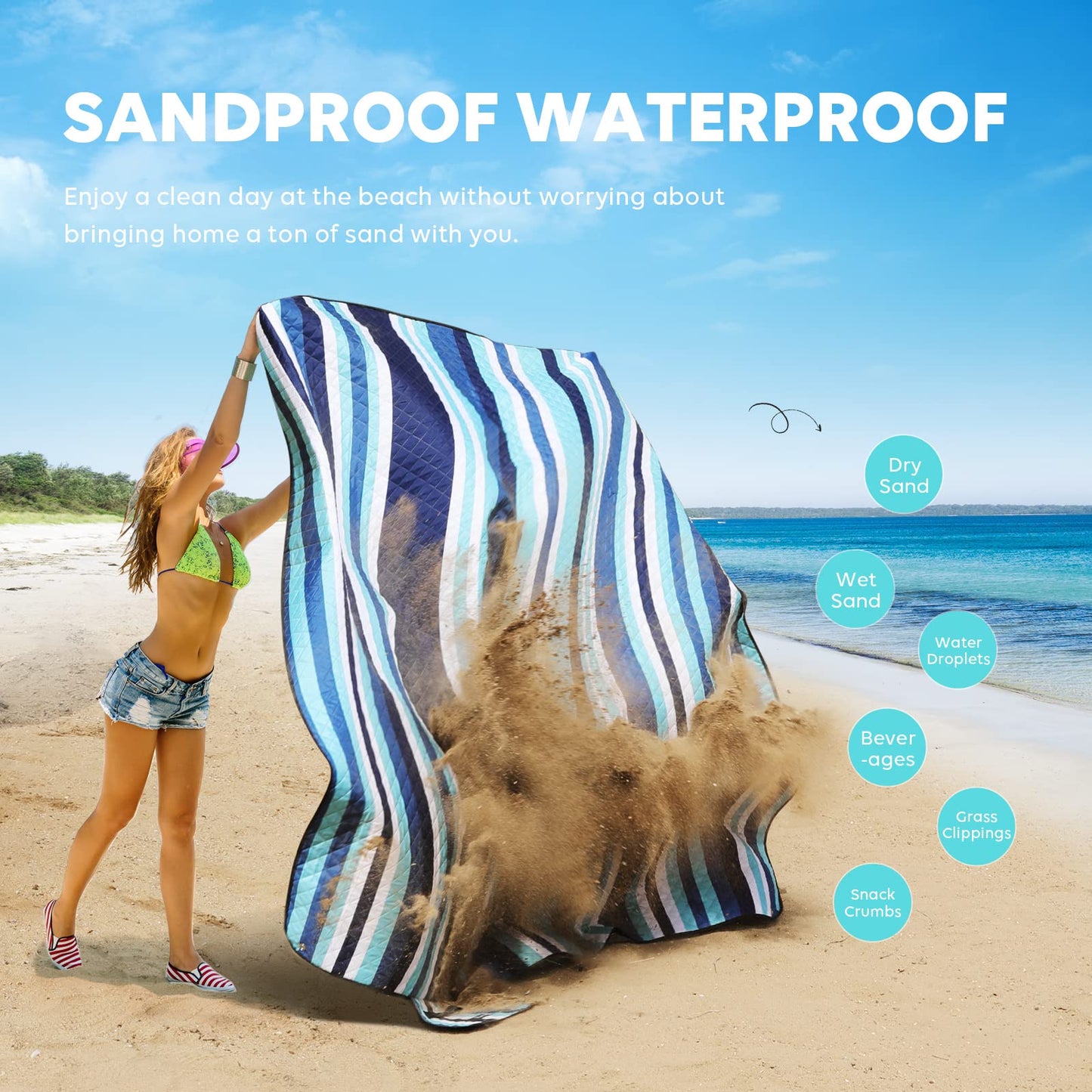 ZAZE Picnic Blankets Beach Blanket, 80''x80'' Extra Large Thick 3-Layers, Sandproof Machine Washable Waterproof Foldable Oversized XL Outdoor Mat, for Camping, Park, Travel, Grass(Blue White Stripe)