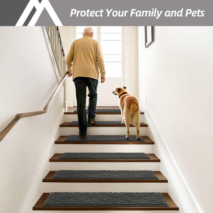 COSY HOMEER Edging Stair Treads Non-Slip Carpet Mat 28inX9in Indoor Stair Runners for Wooden Steps, Edging Stair Rugs for Kids and Dogs, 100% Polyester TPE Backing (4pc, Black)