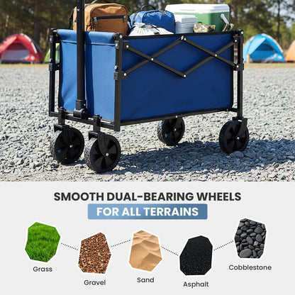 DUMOS Collapsible Wagon with Wheels, 220 lbs Wagons Carts Foldable Wagon Cart with Flexible Handle, Lightweight Portable Folding Utility Shopping Cart for Grocery Sports Garden Camping - Blue