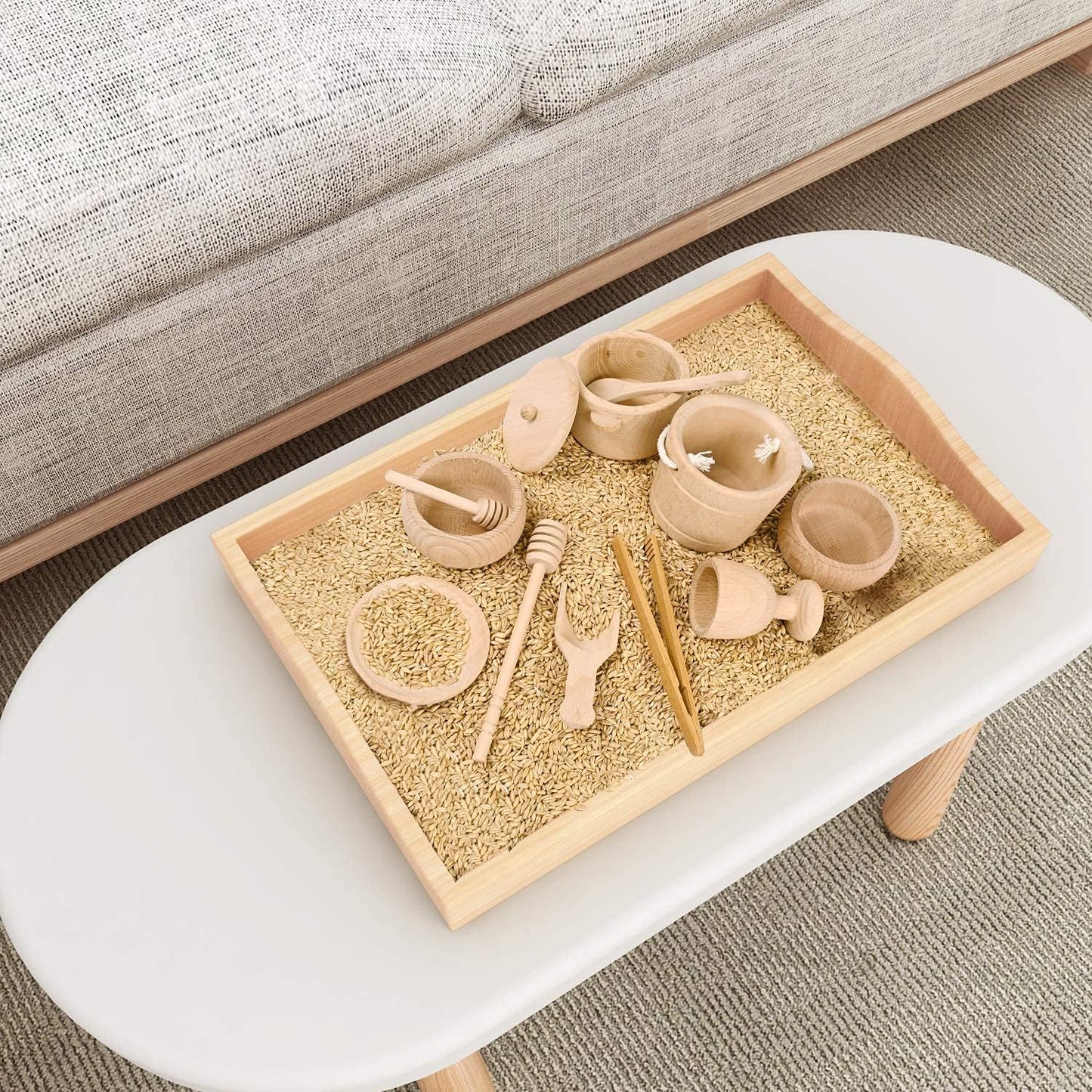 MONT PLEASANT Montessori Sensory Bin Toys for 1 Year Old Toddlers, 11pcs Wooden Waldorf Toys - Wooden Scoops and Tongs for Transfer Work and Fine Motor Skills Development