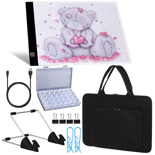A4 LED Light Pad for Diamond Paint Kits, Super Bright USB Powered Light Board Kit with Detachable Stand, and Black Pad Clip (Pad and Bag)