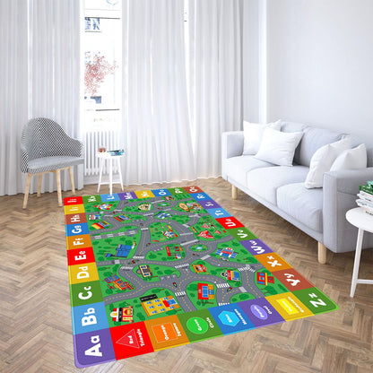 Kids Play Mat, Super Soft Car Track Rug, ABC and Shapes Educational Playmat, Non-Slip City Road Traffic Carpet Nursery Rugs for Playroom Bedroom Boys, Children Play Area Rug