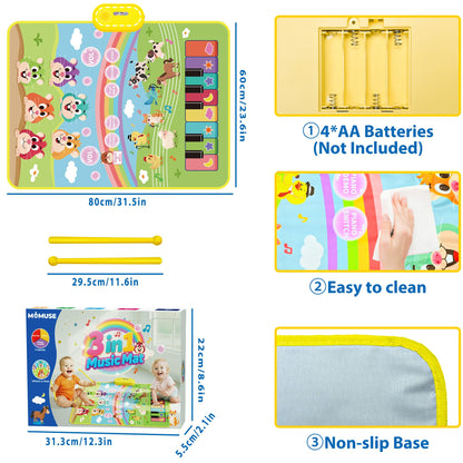 MOMUSE 3-in-1 Piano Music Mat for Kids, Whack-a-Mole Game Floor Play Mat with 30 Sound & Function Keys, Sensory Musical Toys for Baby Girls Boys Toddlers 1 2 3 4 5 6 Years Old