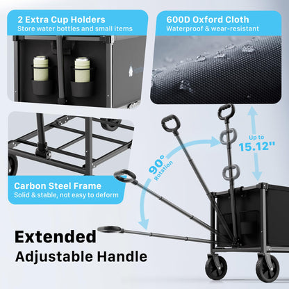 HOMBETTA 29.3" Collapsible Wagon Cart, 150L Heavy Duty Folding Utility Wagon with Wheels, 360 lbs Load, Portable Rolling Cart for Garden, Shopping, Sports, Camping, Black