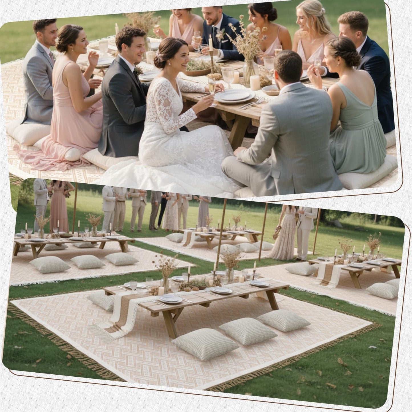 Beeveer Extra Large Outdoor Boho Picnic Blanket 181'' x 71'' Beige White Table Runner 6 Throw Pillow Cover Woven Cotton Yarn Oversize Beach Blanket Washable for Picnic Camp Wedding