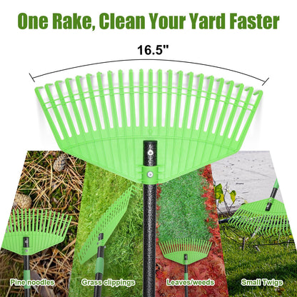 Plastic Leaf Rake with Adjustable 65'' Handle - Lightweight Outdoor Yard Rakes for Leaves,Grass & Pine Needle,Mulch,Gentle On Lawn Garden - Easy to Use for Women,Seniors & Kids