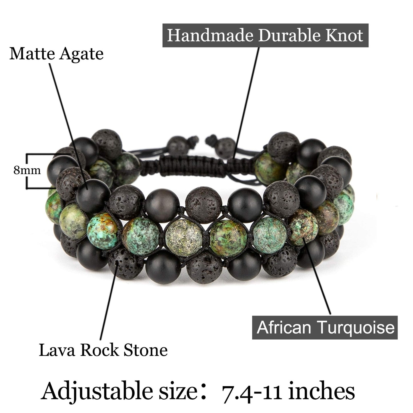 Bivei 8mm Natural Lava Rock Stone Bracelets for Men, Healing Crystal Essential Oil Diffuser Beads Bracelet Chakra Yoga Energy Anxiety Gemstone Bracelet - 3 Layer