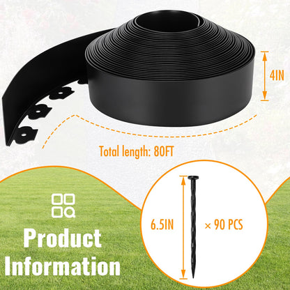 Landscape Edging 4 Inch Tall 80 FT, Garden Edging for Landscaping with 90 Pcs Anchoring Spikes & 5 Connectors, Flexible Garden Border Edging for Landscaping, Yard Lawn, Flower Beds