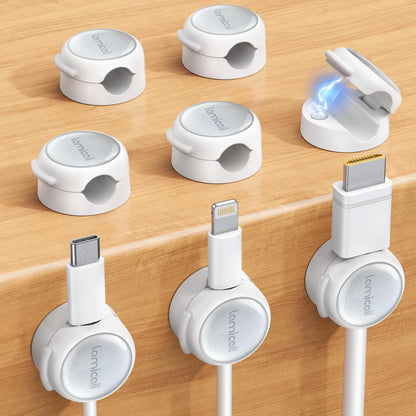 Lamicall 8 Pack Magnetic Cable Clips Cord Organizer - [Crystal-Clear & Silver Shine] Aesthetic Strong Adhesive Phone Charger Cable Management Clips for Nightstand, Home Office Desk Desktop Accessories