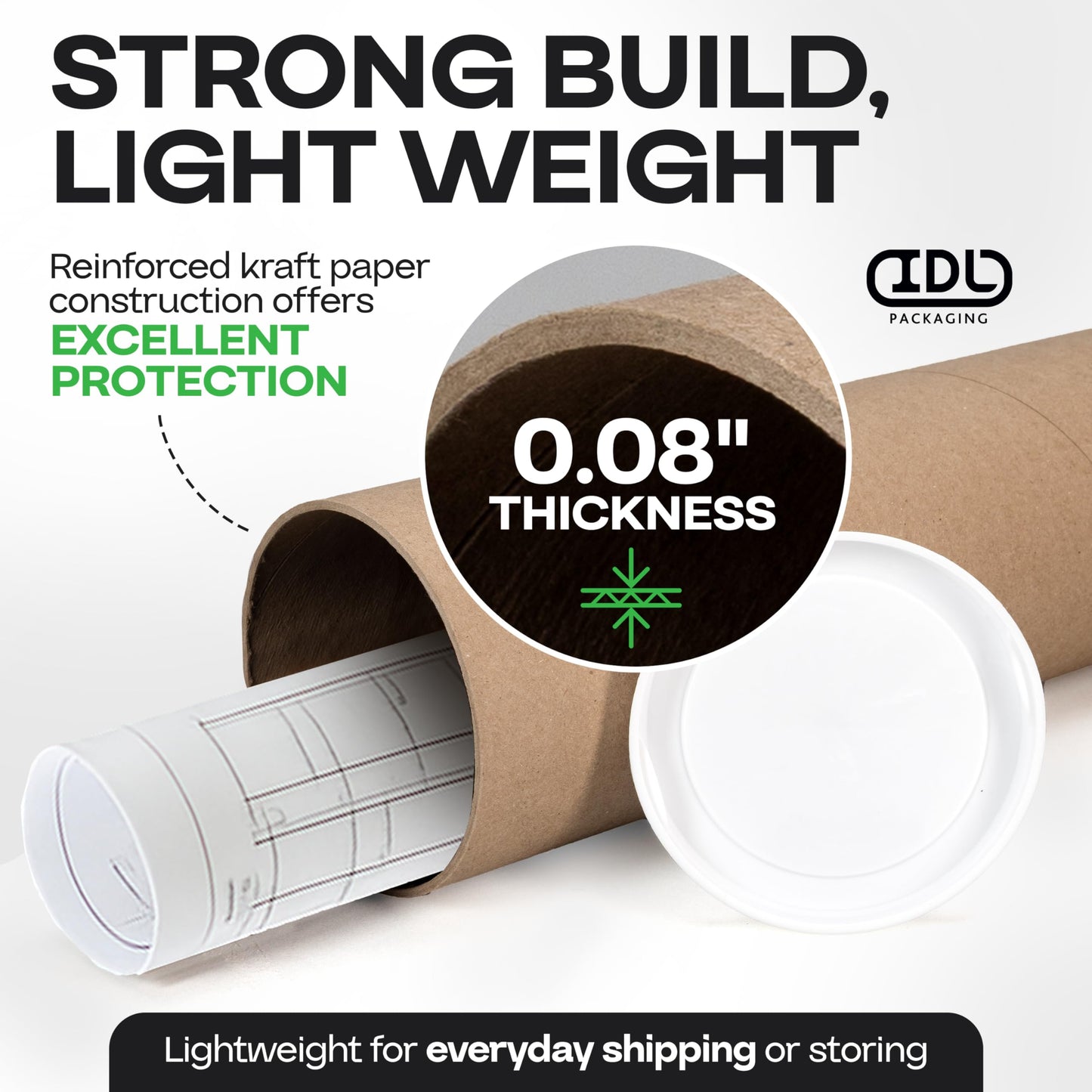 Cardboard Mailing Tubes, 4" x 24" with Plastic Caps, Pack of 2 - USA-Made USPS Approved Poster Tube for Documents & Blueprints - Reinforced Mailing Cylinders for Shipping & Storage by IDL Packaging