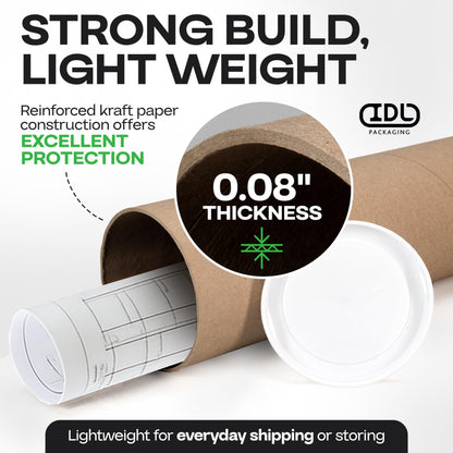 Cardboard Mailing Tubes, 4" x 24" with Plastic Caps, Pack of 2 - USA-Made USPS Approved Poster Tube for Documents & Blueprints - Reinforced Mailing Cylinders for Shipping & Storage by IDL Packaging