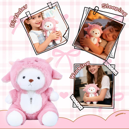 Teddy Bear Plush Figure Toys, Teddy Bears Stuffed Animals with Movable Legs Hoodie, 13'' Kawaii Emotional Support Plush Toys with Pink Lamb Clothes Soft Stuffed Bear Gift for Kids Toddlers Girls