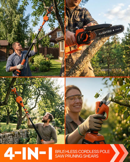 Axientro 4-in-1 Pole Saw & Pruning Shears, 8-in Brushless Motor Pole Saw for Tree Trimming, Electric Pruners with Extendsion Pole, 2x4000mAh Li Batteries & Charger, 16FT Max Reach