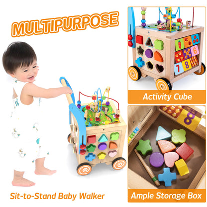 9-in-1 Wooden Activity Cube | Wooden Baby Walker, Sit-to-Stand Learning Walker Activity Center, Early Educational Push & Pull Toys for Baby Toddler Boys Girls, Height & Brake Adjustable