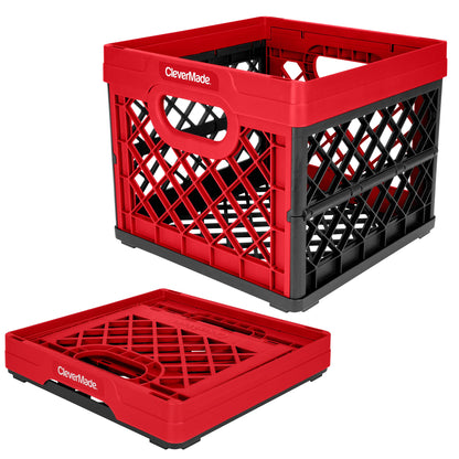 CleverMade Collapsible Milk Crate 25L (6.6 Gal), 50 lb Capacity Heavy Duty Folding Crate – Stackable Storage Crates with File Rails, Plastic Collapsible Crates - Red
