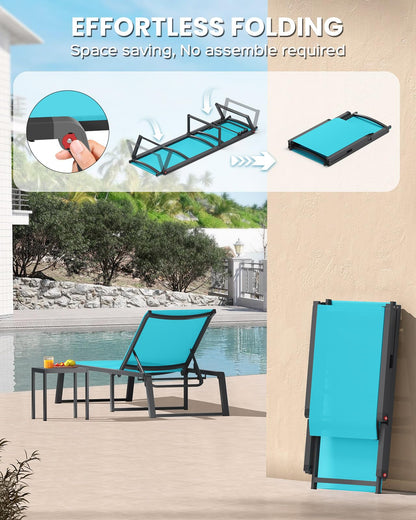 Oasbira Aluminum Chaise Lounge Chair Outdoor, Foldable & Assembly Free Patio Pool Lounge Chairs 5-Position Recliner for Outside Poolside, Fully Grounded Legs Sun Lounger for Beach, Yard, Lake Blue