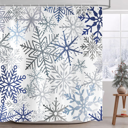 Raoycla Christmas Snowflake Shower Curtain, Blue Xmas Winter Snow Bathroom Decor, Silver Grey Snowflake Christmas Holiday Simple Shower Curtains for Bathroom 72 x 72 Inch with 12 Hooks