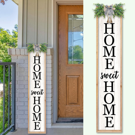 TQianJiang Home Sweet Home Front Porch Outdoor Sign, 45"X9" Wooden Welcome Sign for Front Door Wreath Tall Vertical Hanging For Standing Porch Signs, Outside Decor Garden Patio Farmhouse Signs (Wood)