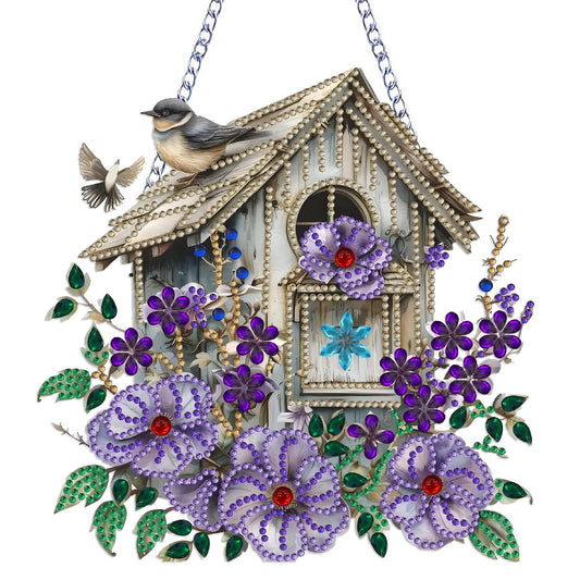 Birdhouse Diamond Art Hanging Kit for Adult Flowers Bird,Special Shaped Rhinestone,DIY Acrylic 5D Diamond Art Painting Window Pendants Home Garden Wall Hanging Kits Hanging Ornament,Double-Sided
