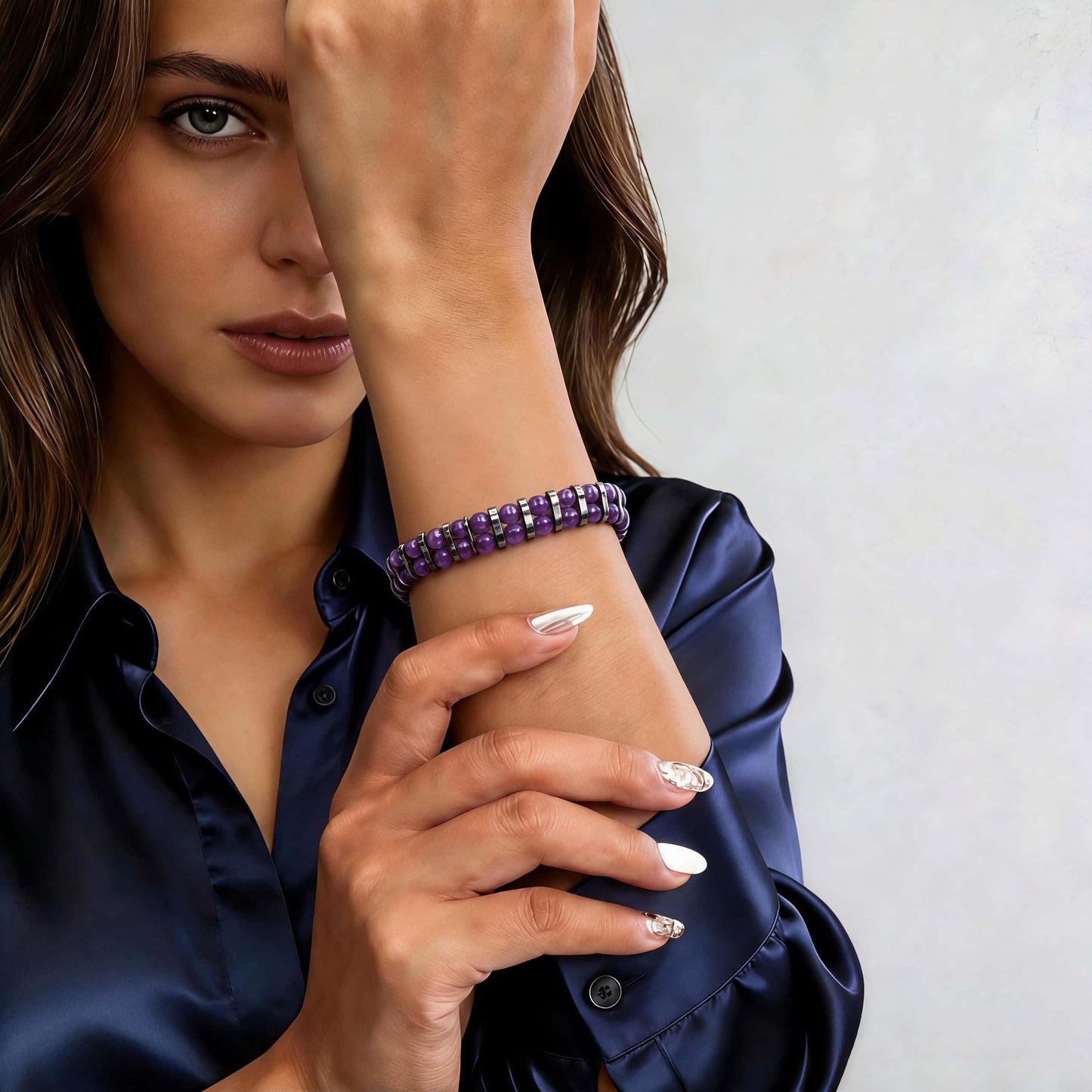 MAIYIDACK Double Row Amethyst Hematite Energy Art Jewelry, 3-in-1 Triple Protection Bracelet for Serenity & Stress Relief, Spiritual Men & Women, Reiki Wellness Gift (Amethyst)