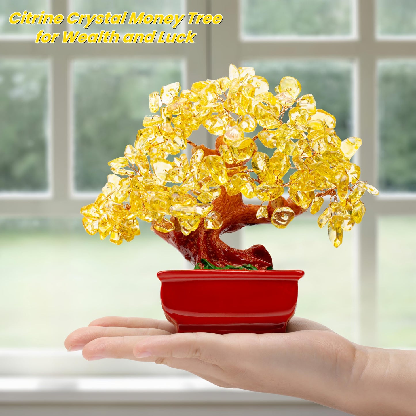 QINJIEJIE Citrine Crystal Money Tree for Room Office Desk - Yellow Feng Shui Bonsai With Healing Stones - Luck Tree of Life Decor for Positive Energy - Gemstone Gift for Women Men Meditation