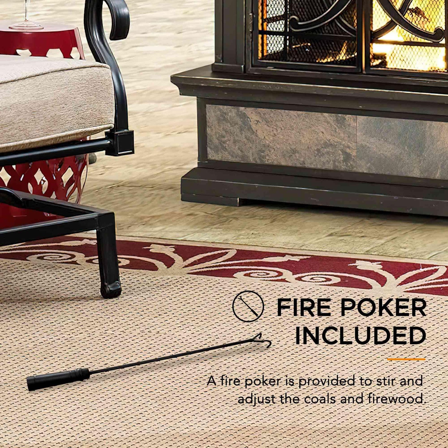 Sunjoy Outdoor Fireplace, Stone Look Tile Patio Wood Burning Steel Fireplace with Chimney, Spark Screen, Fire Poker, Rain Cover, and Removable Grate, Copper with Gray Tile