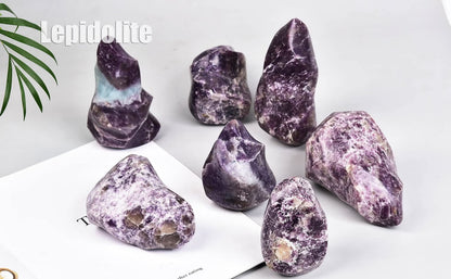 AMOYSTONE Purple Lepidolite Crystals Tower Flame Shaped Stone Energy Meditation Healing Crystal Home Decor 1.5-2.2 Pound