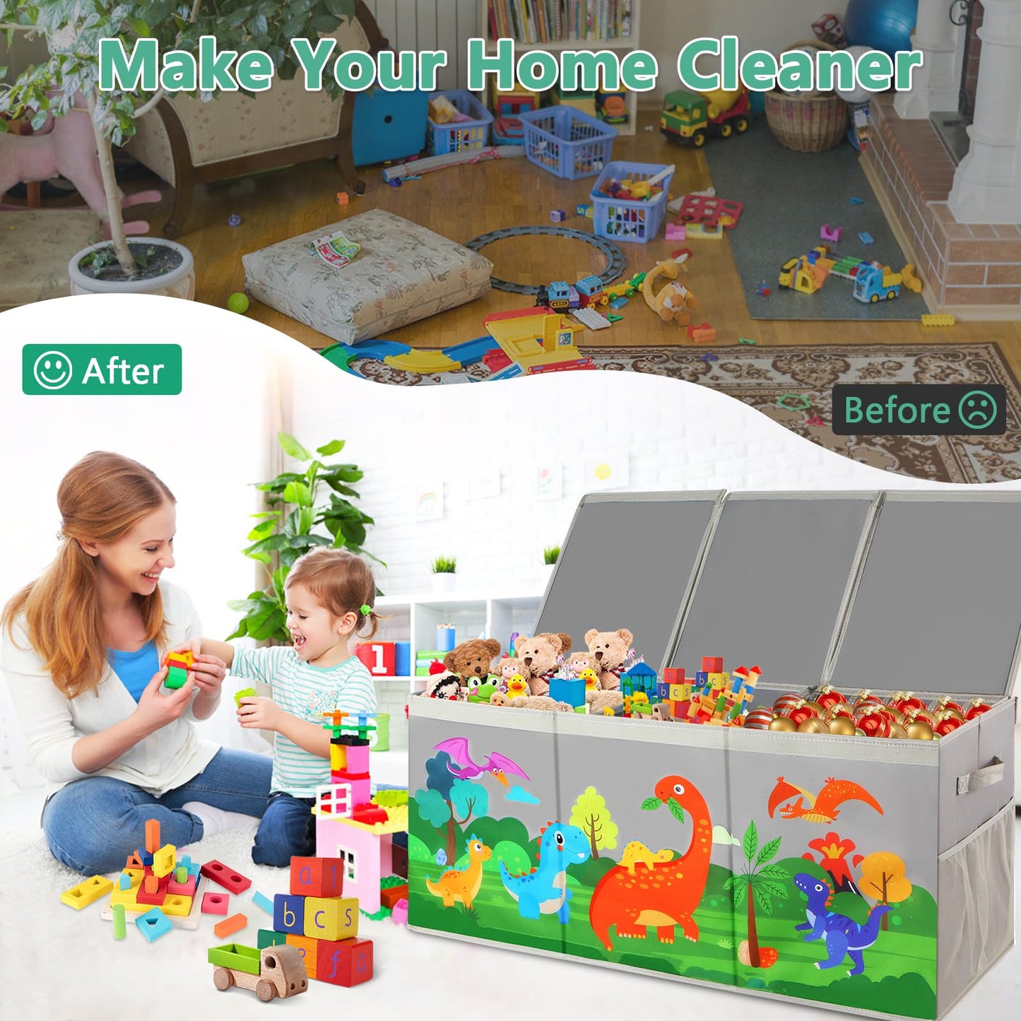KORVAX Extra Large Toy Box Chest with Lids, Collapsible Toy Storage Organizer for Kids, Dinosaur Toy Bin Box for Toddlers Boys Girls, Toy Organizer for Living Room Nursery Playroom Bedroom Home Grey