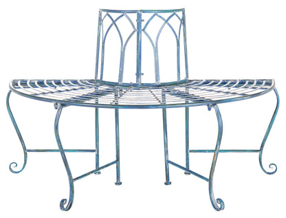 SAFAVIEH Outdoor Furniture Collection – Abia Antique Blue Distressed Wrought Iron 50-Inch Curved Tree Bench, Garden & Patio Seating (PAT5018C)
