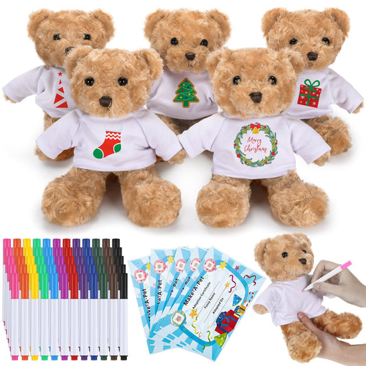 Blueweenly 20 Pcs 5 Set Graduation Make Your Own Stuffed Animal Teddy Bear Kit Including 5 9.84 Inches Velvet Animal with T Shirts and Markers for Graduates DIY Craft Gift(Khaki,Bear)