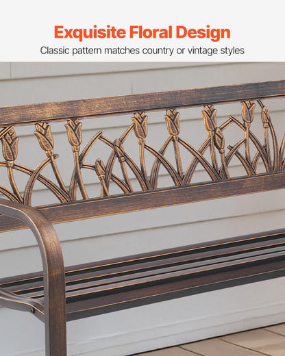 VEVOR Outdoor Bench, 50 inch, Carbon Steel Metal Frame with PVC Floral Pattern Backrest and Round Edge Armrests, Weatherproof Outside Bench for Patio, Garden, Park, Yard, Front Porch, Antique Bronze