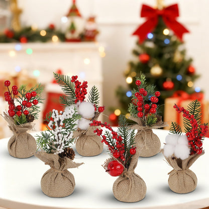 winemana 6 Pcs Mini Christmas Tree Table Decorations, 8" Small Artificial Trees with Red Berries Pine Cone Greenery Tabletop Centerpiece for Home Office Room Holiday Decorations