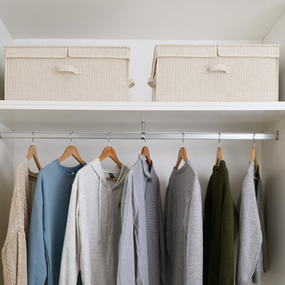 StorageWorks Extra Large Storage Bins with Lids, 55L Decorative Organizer with Divider Board, Fabric Boxes with Handles, Khaki and Beige Stripes, 2-Pack