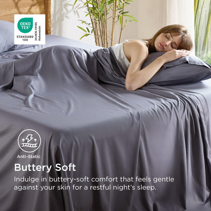 Bedsure Queen Sheet Set, Cooling Sheets for Queen Size Bed Set, Rayon Derived from Bamboo, PureWoven, Breathable & Soft, Deep Pocket Up to 16", Hotel Luxury Silky Bedding for Hot Sleepers, Dark Grey