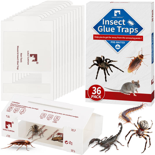 LULUCATCH Mouse Traps, 36Pack Pre-Baited Sticky Mouse Traps Indoor for Home, Non-Toxic Bulk Sticky Pads, Glue Traps for Rats, Bugs, Spider, Mice, Cockroach, Pet Safe, Easy to Use