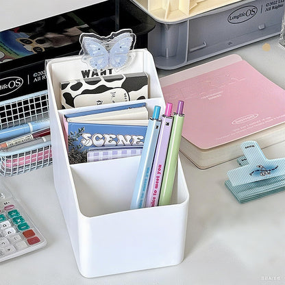 VANRIOS Cute Desk Organizer for College Dorm Room - 3-Tier Desktop Organizer White | Adorable Pen & Sticky Note Holder | Bedside Remote Control | Office Supplies Storage Caddy (Small Space-Saver)