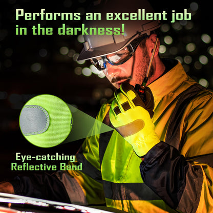 COOLJOB Hi-vis Reflective Safety Work Garden Gloves for Men Women, Faux Leather Utility Mechanic Gloves with Grip, 2 Pairs, Medium, Yellow